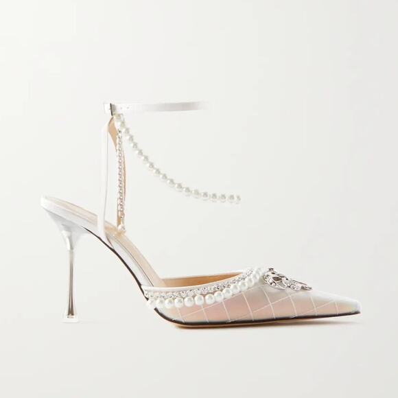 MACH & MACH Bow of Elizabeth Pearl Embellished Iridescent Leather Heels Shoes - Picture 1 of 16